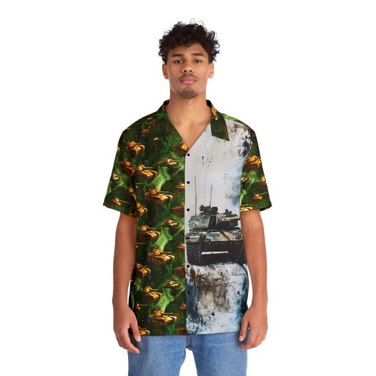 Military Tank Hawaiian Shirt – Main Battle Tank Aloha Top for Men’s Summer Wear