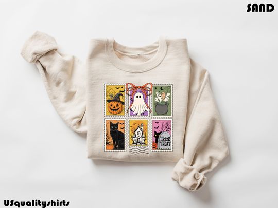 Halloween Ghost Pumpkin Cat Sweatshirt, Cute Ghost Shirt, Retro Ghost Tee, Women's Halloween Fall Spooky Cat Top