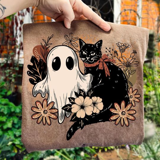 Floral Fall Ghost Cat Sweatshirt Design, Boho Halloween Coquette, Vintage Fall Shirt Artwork