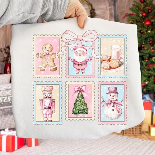 Pink Christmas Stamps Sweatshirt, Preppy Christmas Coquette Bow, Nutcracker, Gingerbread, Merry Christmas Sublimation