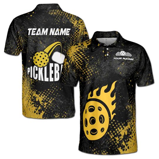 Custom Name Team Pickleball on Fire Yellow Polo Shirt