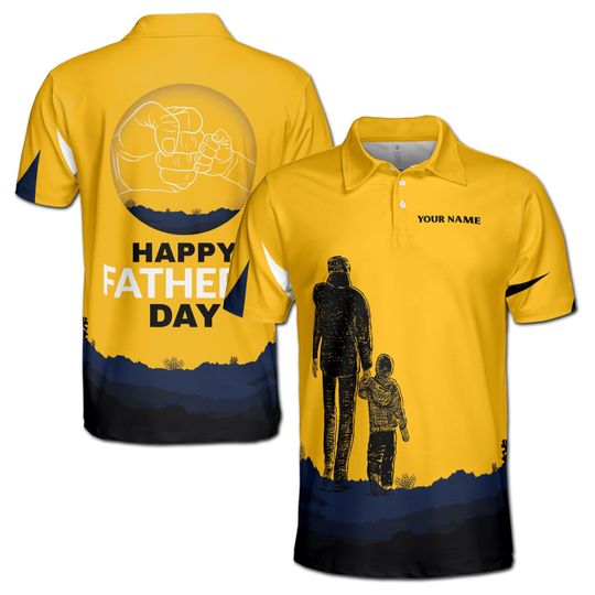 Custom Name Father and Son Fist Bump Yellow Mountain Polo Shirt
