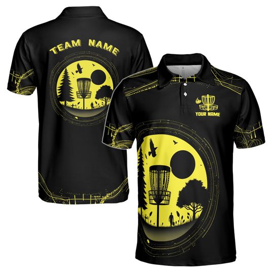 Custom Name Team Funny Retro Disc Golf Black Yellow Polo Shirt