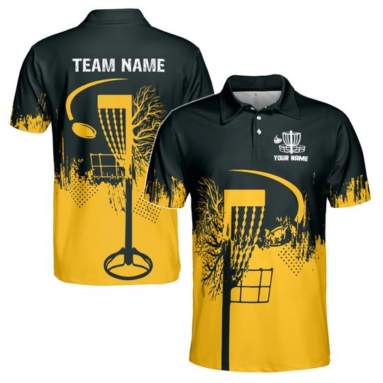 Custom Name Team Disc Golf Grunge Black Yellow Pattern Polo Shirt