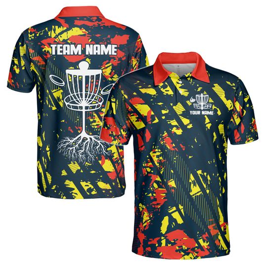 Custom Name Team Disc Golf Splatter Orange Yellow Paint Polo Shirt