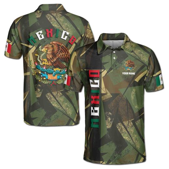 Custom Name Mexico Coat of Arms Camouflage Pattern Polo Shirt