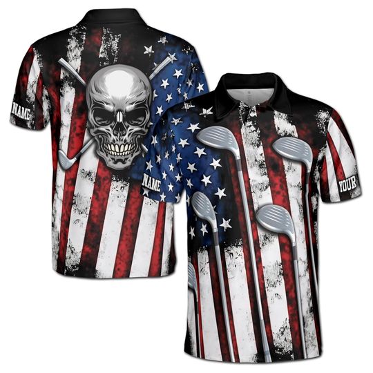 Custom Name Patriotic Skull Golfer America Flag Grunge Polo Shirt
