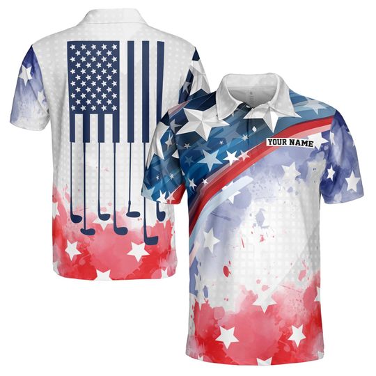 Custom Name American Flag Watercolor Play Golf Polo Shirt