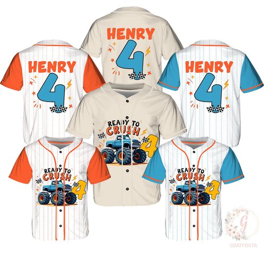 Custom Birthday Truck Baseball Jersey, 4th Birthday Boy T-Shirt, Kids Race Car Birthday Party, Ready To Crush Custom Age Baseball Jersey.