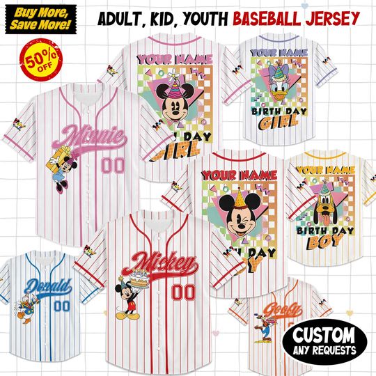 Personalize Mickey and friends Birthday Collection Baseball Jerseys, Birthday Kid Youth Adult Jersey, Disney Jersey, Magic Kingdom Summer