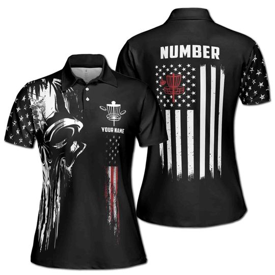 Personalized Dark Skull America Disc Golf USA Flag Women's Polo Shirt
