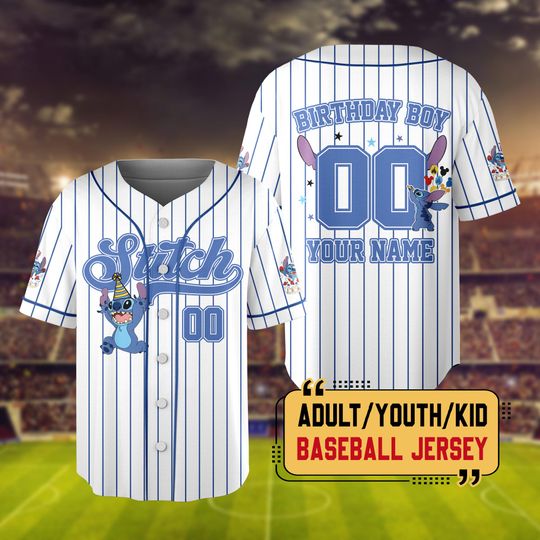 Personalized Stitch Birthday Baseball Jersey, Custom Disney Birthday Boy Jersey, Disney Kids Birthday Trip Shirt, WDW Birthday Gift Tee