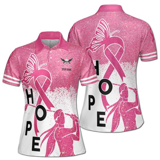 Custom Name Pink Glitter Hope Breast Cancer Month Lady Golfer Women's Polo Shirt