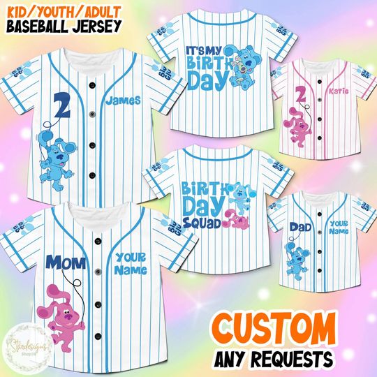 Personalized Blue Clues Baseball Jersey, Blue Dog Lovers Birthday Girl Jersey, Blue Clues Family Shirt, Blue Clues Kids