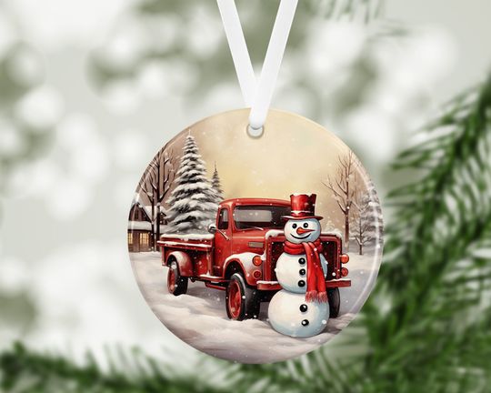 Red Vintage Truck Snowman Christmas Ornament, Christmas Round Ornament Design