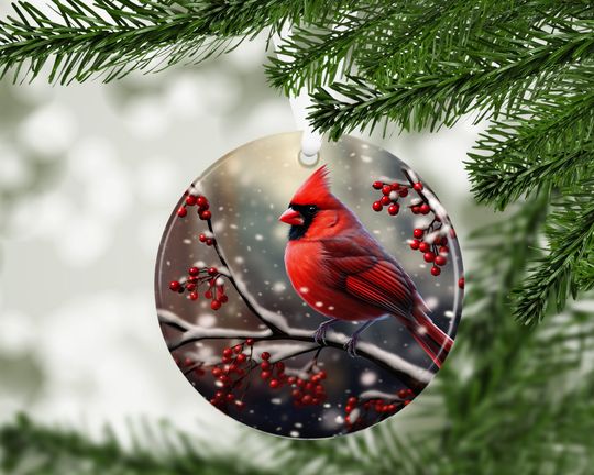 Snowy Red Cardinal Christmas Ornament, Holiday Decor, Round Ornament Sublimation Design