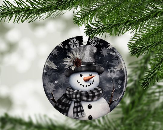Snowman Christmas Ornament, Plaid Scarf Sublimation Design, Holiday Round Ornament