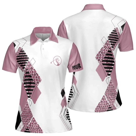 Pink Golf Polo White Shirt Leopard Pattern Custom Name Golf Gift Women's Polo Shirt