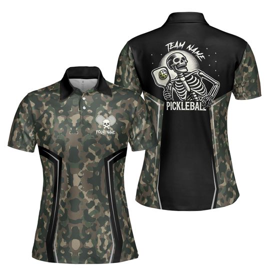 Personalized Name Camo Pattern Skull Plays Pickleball Women's Polo Shirt