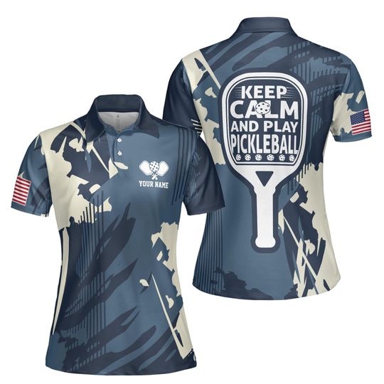 Custom Name America Camo Pattern Keep Calm And Play Pickleball Women's Polo Shirt