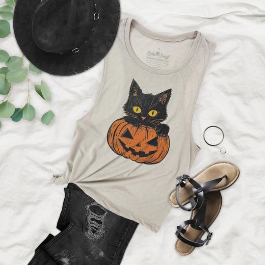 Kitten in Jack o Lantern Halloween Flowy Womens Premium Muscle Tank Top