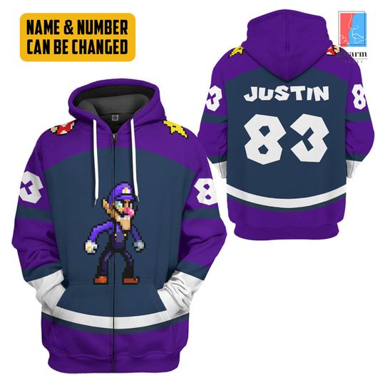 Waluigi Mario All Over Print Hoodie | Super Mario Shirt | Halloween Costume Shirt | Mario Toad Christmas Shirt  | Mario Toad Costume Shirt