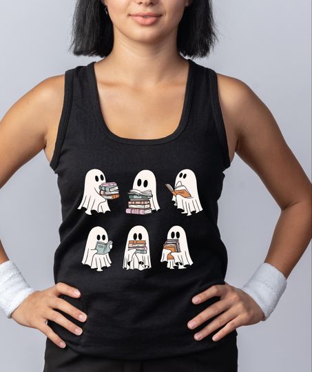 Ghost Reading Books Tank Top, Halloween Teacher Tank, Halloween Gift
