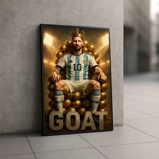 Lionel Messi GOAT poster with Ballon d'Or throne, Messi art, Argentina wall art