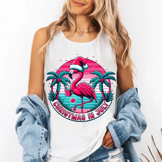 Christmas in July Flamingo Shirt  Tropical Palm Tree Summer Tee