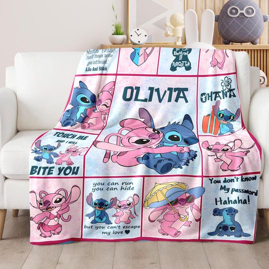 Personalized Stitch Angel Disney Blanket, Custom Name Disney Stitch Blanket, Disney Trip Blanket Gifts, Ohana Means Family Birthday Blankets