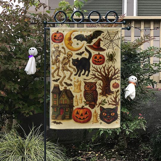 Spooky Vintage Halloween Garden Flag Retro Cat Skeleton Pumpkin Haunted House Decor