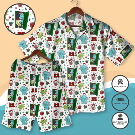 Monsters Christmas Hawaiian Shirt, Holiday Outfit, Mike Wazowski, Sulley, Boo in Santa Hat