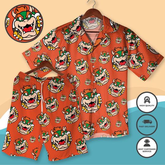Bowser - Inspired Hawaiian Shirt - Mario Hawaiian Shirt Orange Bowser Retro Gamer Outfit