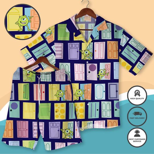 Colorful Halloween Monsters Hawaiian Shirt Shorts, Mike Wazowski Door Summer Outfit