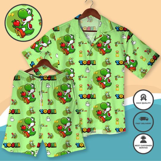 Cute Green Yoshi Hawaiians Shirt, Green Dino Fruit Lover Hawaiian Shirt, Cute Cartoon