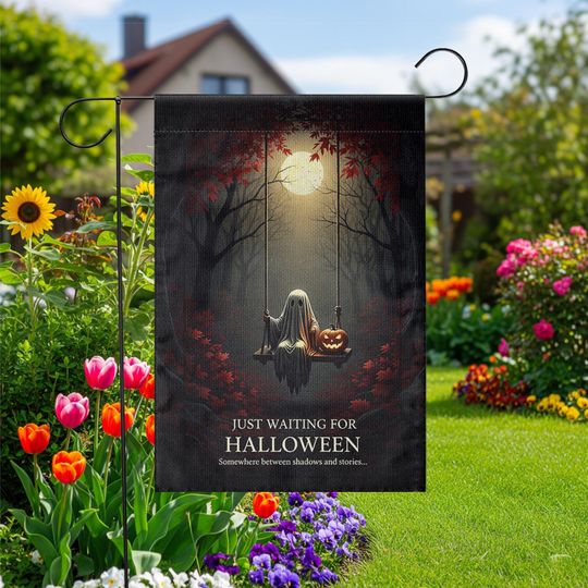 Waiting for Halloween Ghost Garden Flag  Spooky Swing Moon Scene  Fall Yard or Porch Decor