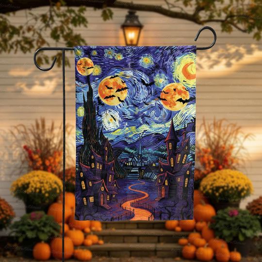 Starry Night Halloween Garden Flag | Haunted Houses Bats Full Moon Fall Outdoor Decor