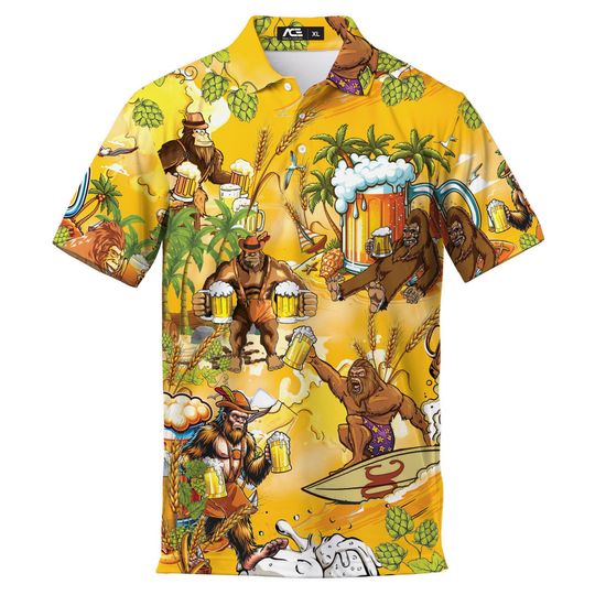 Funny Bigfoot Hawaiian Polo Shirt for Men – Surfing Sasquatch Casual Wear