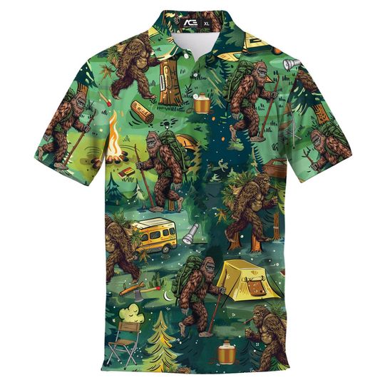 Camping Bigfoot Polo Shirt for Men – Vintage Sasquatch Outdoor Apparel