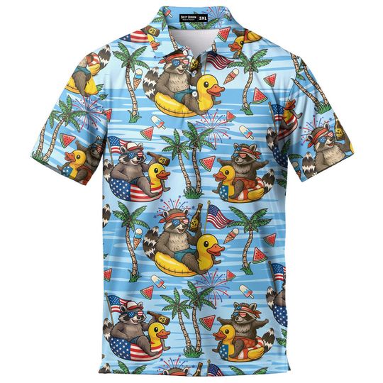 Funny American Flag Raccoon Polo Shirt for Men – 4th of July Outfit