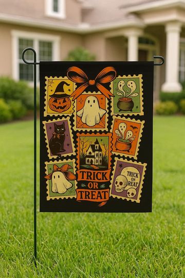 Vintage Halloween Garden Flag | Trick or Treat Yard Decor Ghosts Black Cat Haunted House