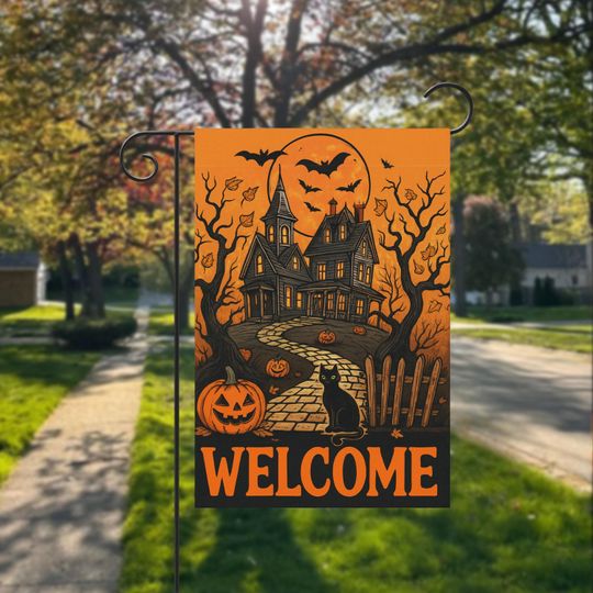 Welcome Halloween Garden Flag | Haunted House Full Moon Black Cat Jack-O'-Lantern Outdoor Decor