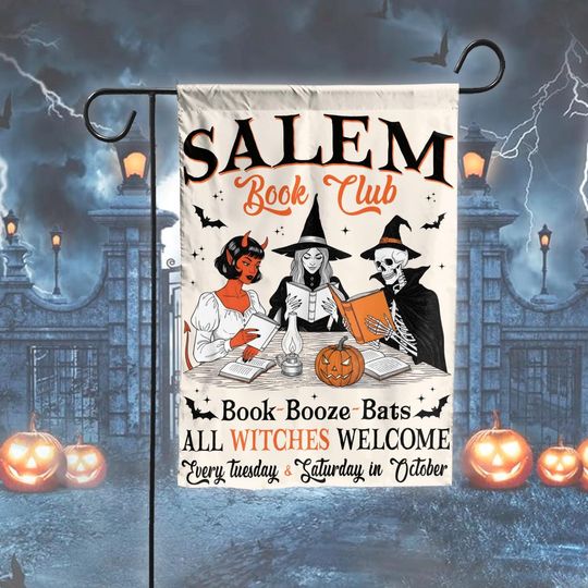 Salem Book Club Garden Flag | Witch Vampire Skeleton Bookish Halloween Yard Decor