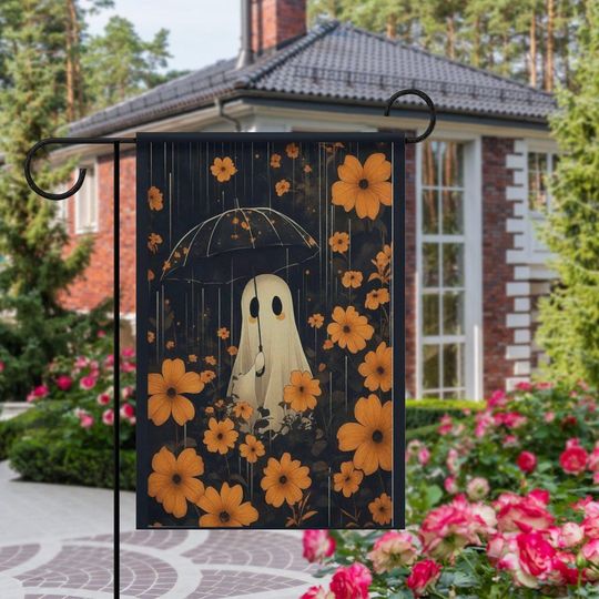 Vintage Ghost Garden Flag | Halloween Ghost Lawn Sign Fall Outdoor Decor Ghost in the Rain