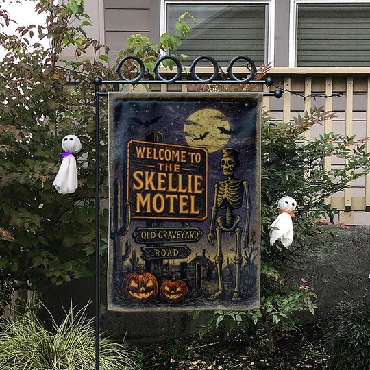 Skellie Motel Halloween Garden Flag  Funny Skeleton Yard Decor  Spooky Outdoor Fall Decoration  Old Graveyard Sign Banner
