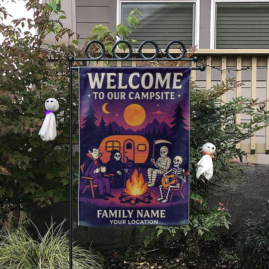 Halloween Camping Garden Flag, Personalized Campsite Flag, Custom Fall Campfire Sign, Funny Outdoor Yard Decor, RV Halloween Gift