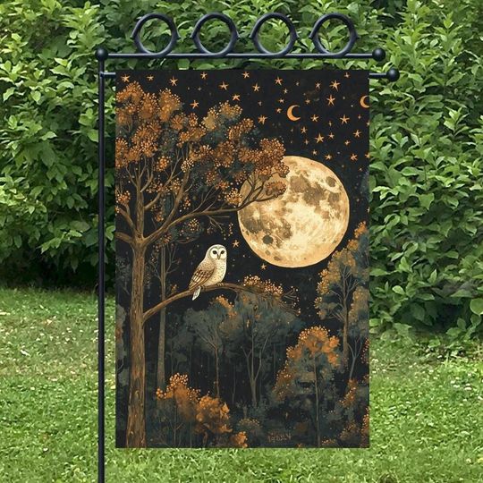 Moody Full Moon Night Owl Garden Flag Autumn Forest Night Owl Dark Ambience Fall Patio Decor Outdoor House Banner Fall Owl Front Door Decor