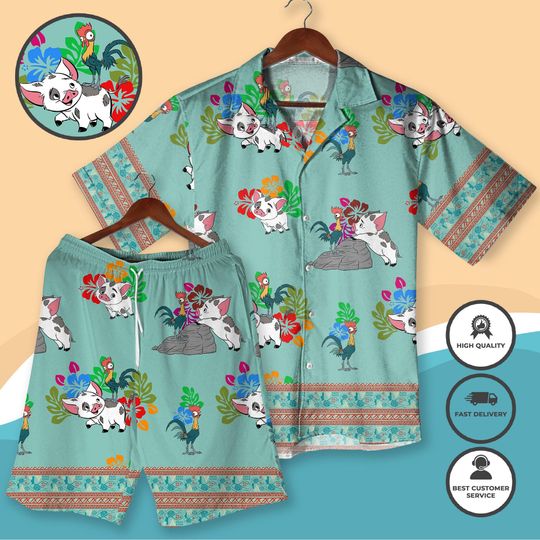 Pua and Hei Hei Hawaiian Shirt Set, Cartoon -Inspired Cruise Outfit, Tropical Matching