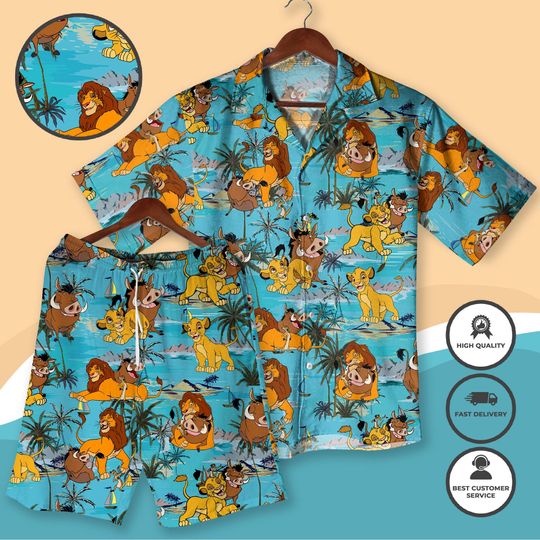 Simba And timon, Pumbaa Hawaiian Shirt Set, Tropical Outfit with Simba, Timon & Pumbaa