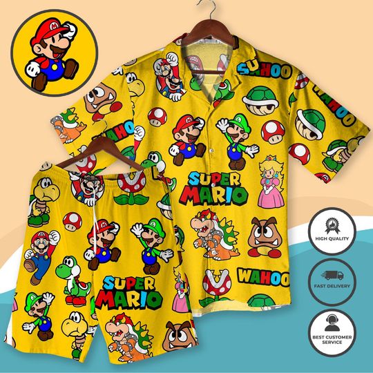 Super Mario Hawaiian Shirt and Shorts Set Yellow Gamer Aloha Beach Outfit